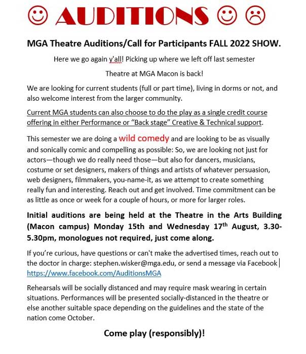 Flyer for fall 2022 theatre auditions.